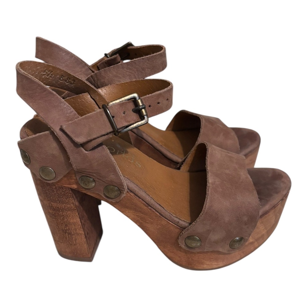 Five Worlds Wooden Platform Sandals Ankle Strap Clogs Brown Heels Size 5.5 - Picture 5 of 6